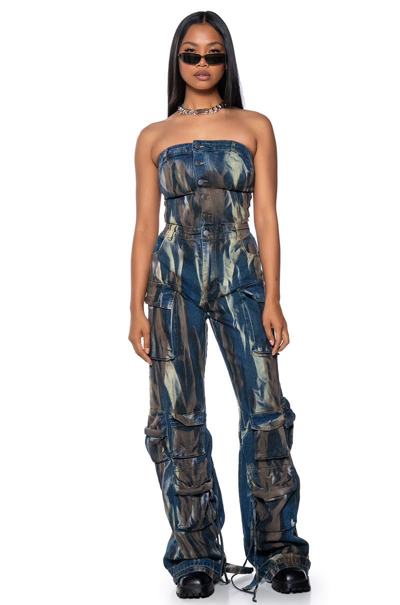 Front View Lauryn Strapless Cargo Denim Jumpsuit 0