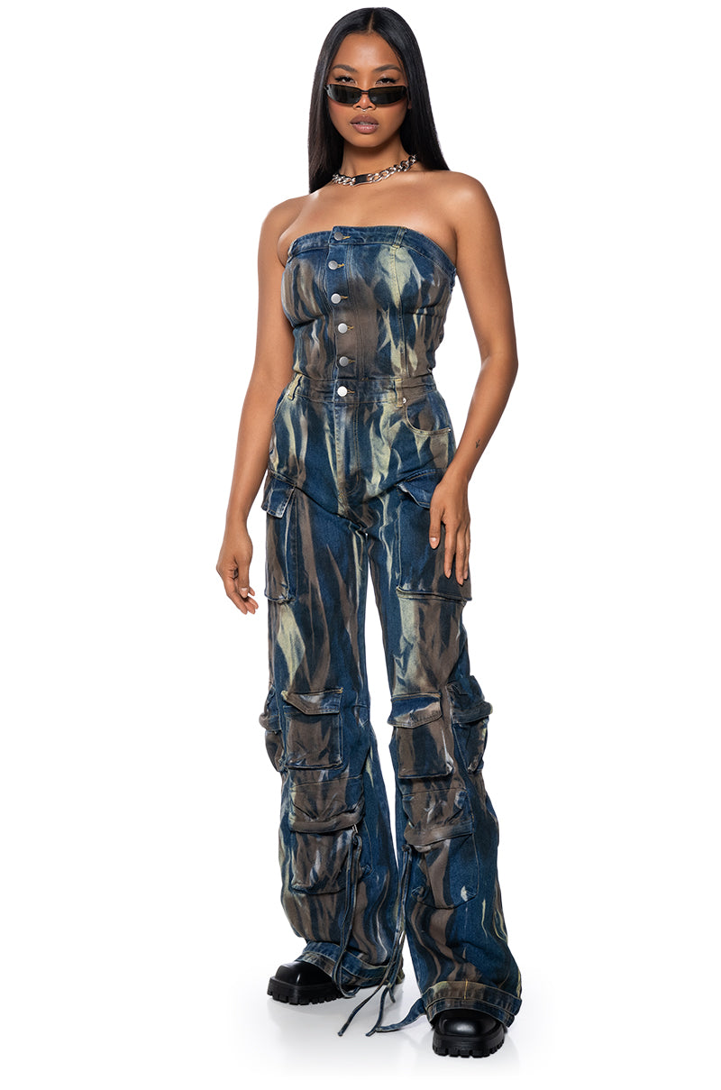 Side View Lauryn Strapless Cargo Denim Jumpsuit 1