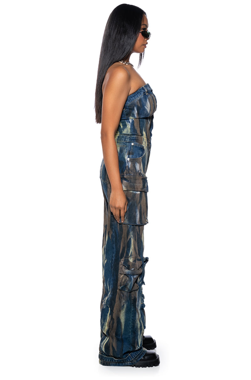 Back View Lauryn Strapless Cargo Denim Jumpsuit 2