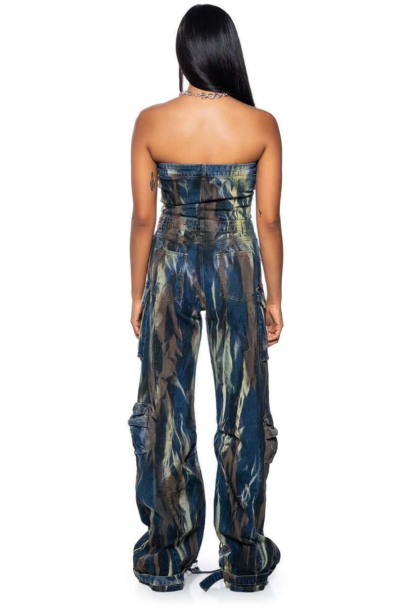 Detail View Lauryn Strapless Cargo Denim Jumpsuit 3