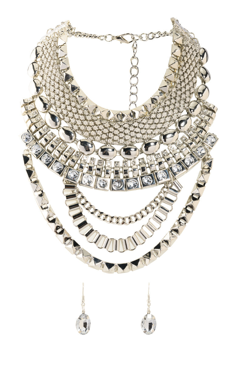Side View Layered In Decadence Embellished Statement Necklace And Earrings Set 1