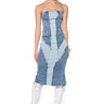 Front View Layla Strapless Denim Patchwork Midi Dress