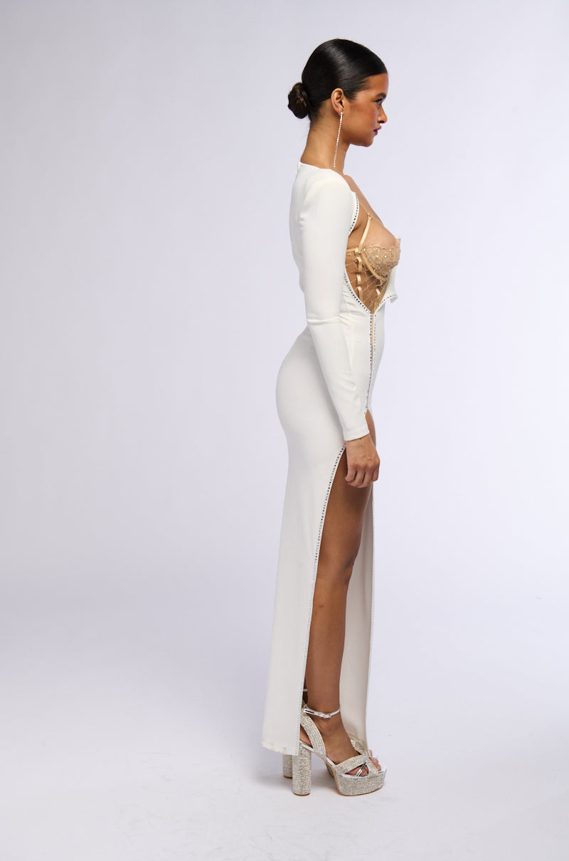LEADER OF THE PACK LONG SLEEVE HIGH SLIT GOWN IN WHITE AKIRA LEADER OF THE PACK LONG SLEEVE HIGH SLIT GOWN IN WHITE AKIRA