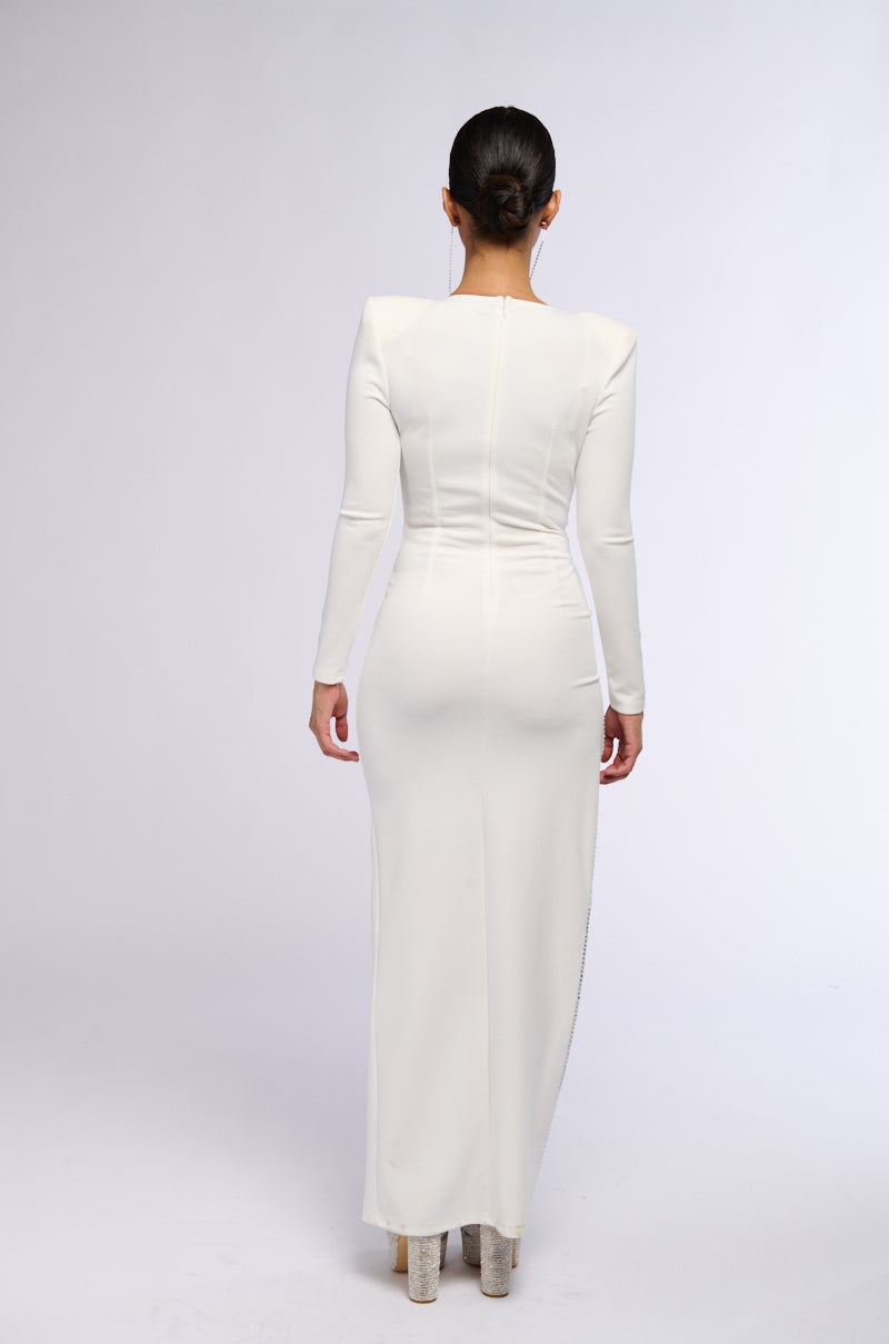 LEADER OF THE PACK LONG SLEEVE HIGH SLIT GOWN IN WHITE AKIRA LEADER OF THE PACK LONG SLEEVE HIGH SLIT GOWN IN WHITE AKIRA