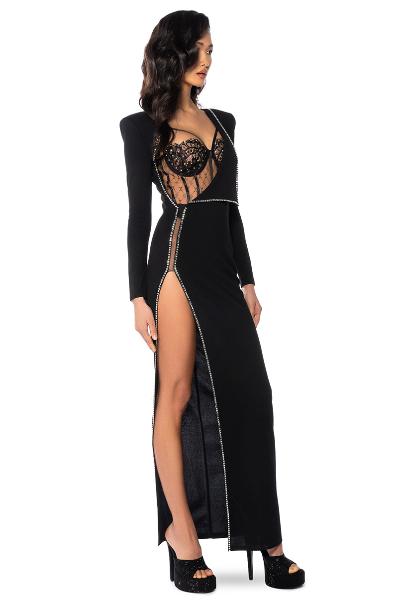 Side View Leader Of The Pack Long Sleeve High Slit Gown