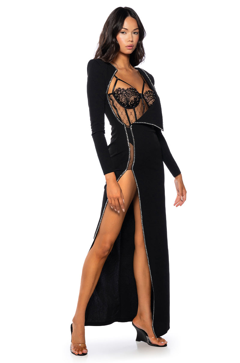 Side View Leader Of The Pack Long Sleeve High Slit Gown