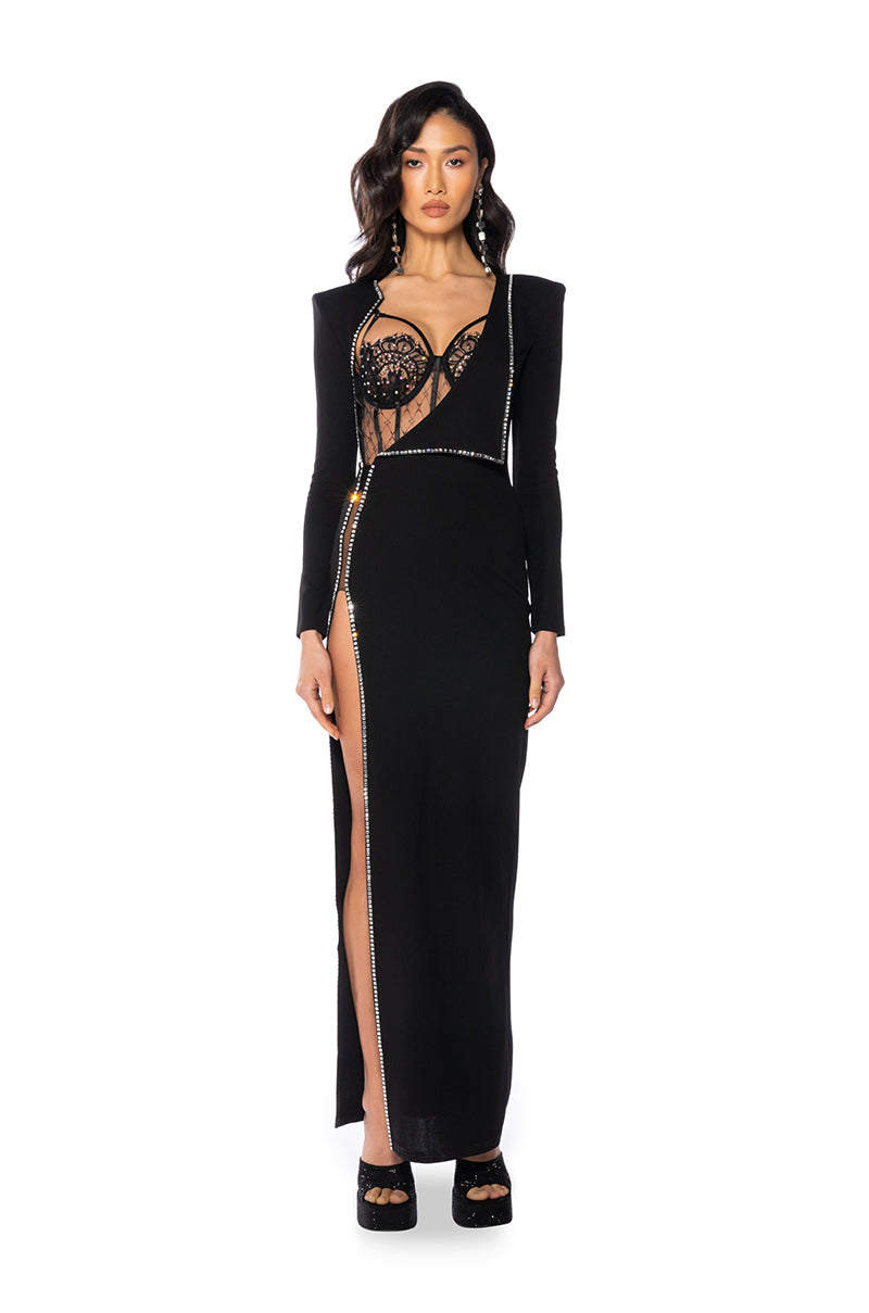 Back View Leader Of The Pack Long Sleeve High Slit Gown
