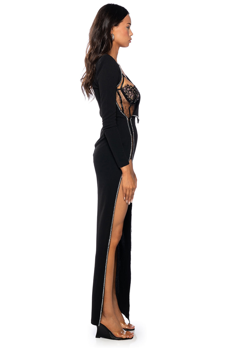 Back View Leader Of The Pack Long Sleeve High Slit Gown