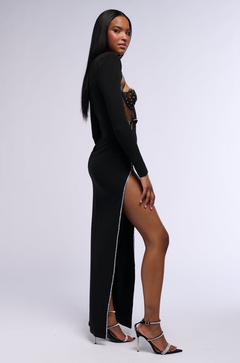 Detail View Leader Of The Pack Long Sleeve High Slit Gown