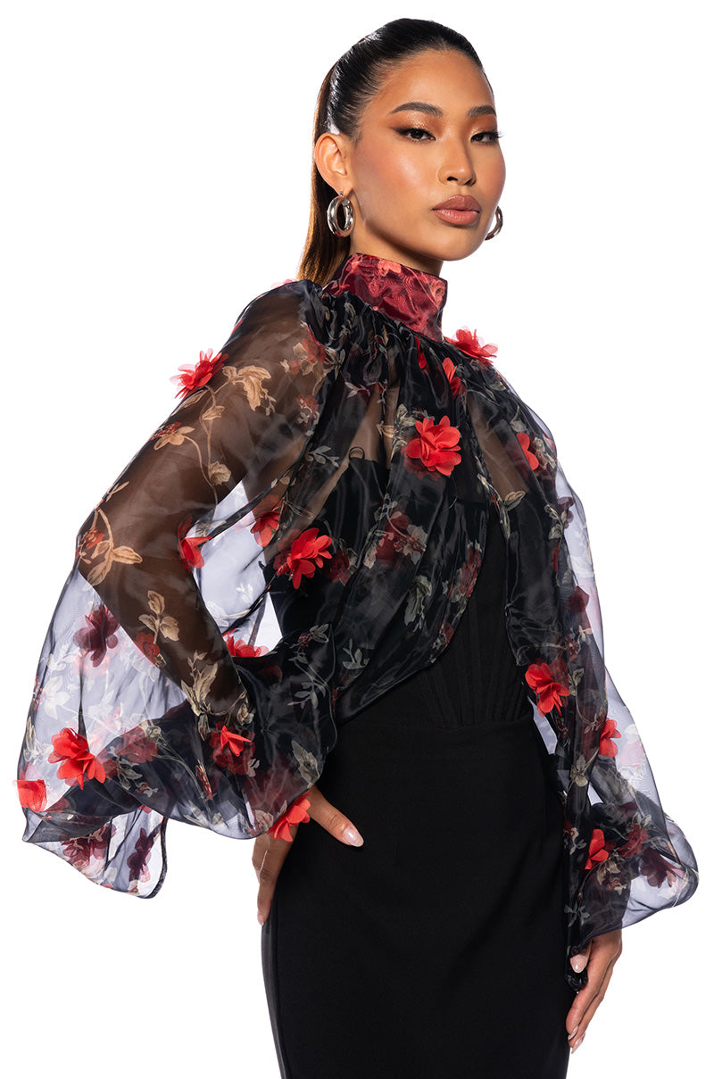 Front View Lean On Me Long Sleeve Floral Blouse In Black Red