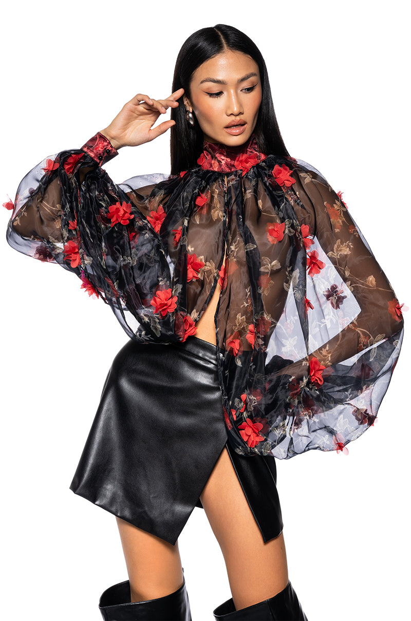 Side View Lean On Me Long Sleeve Floral Blouse In Black Red