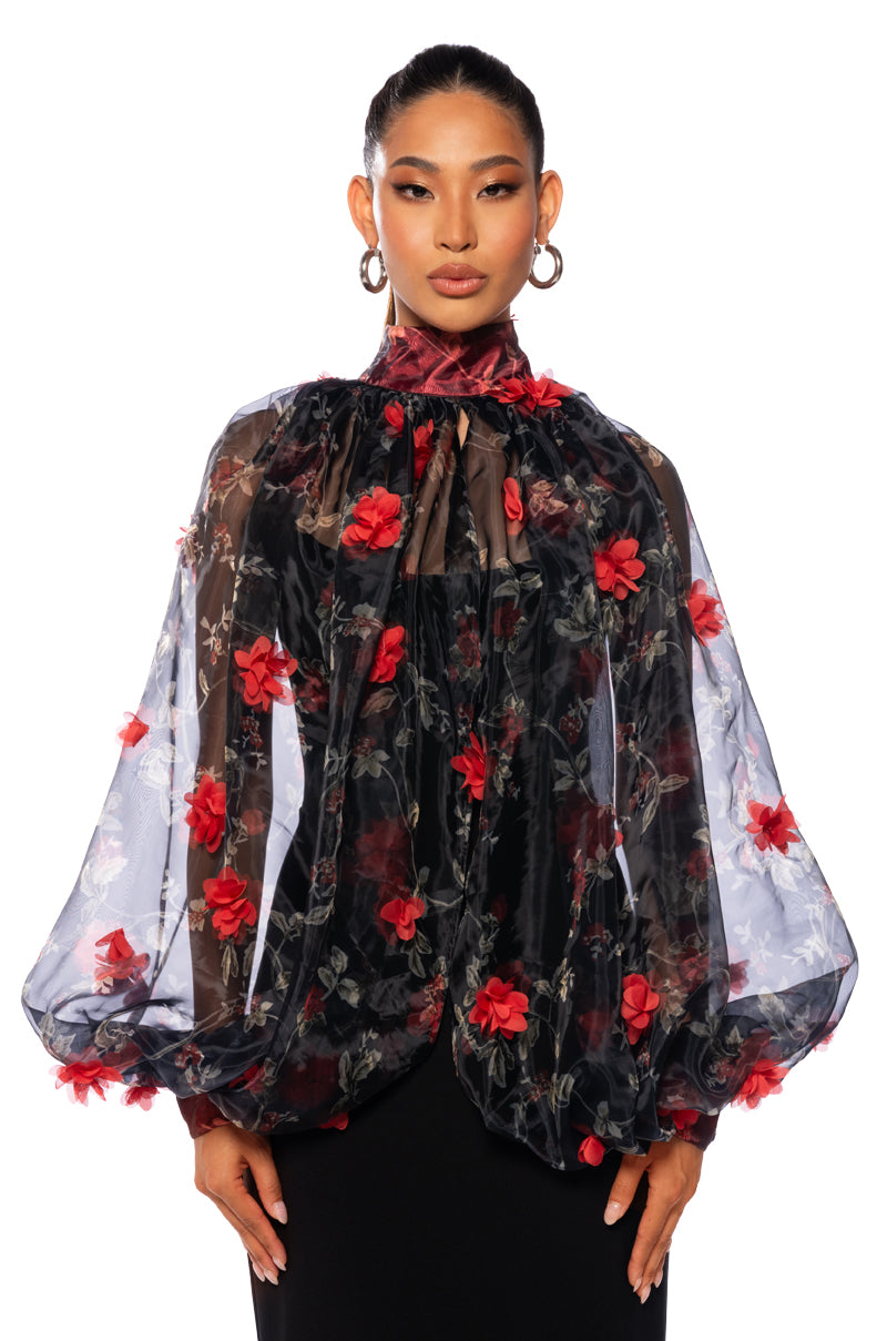 Back View Lean On Me Long Sleeve Floral Blouse In Black Red