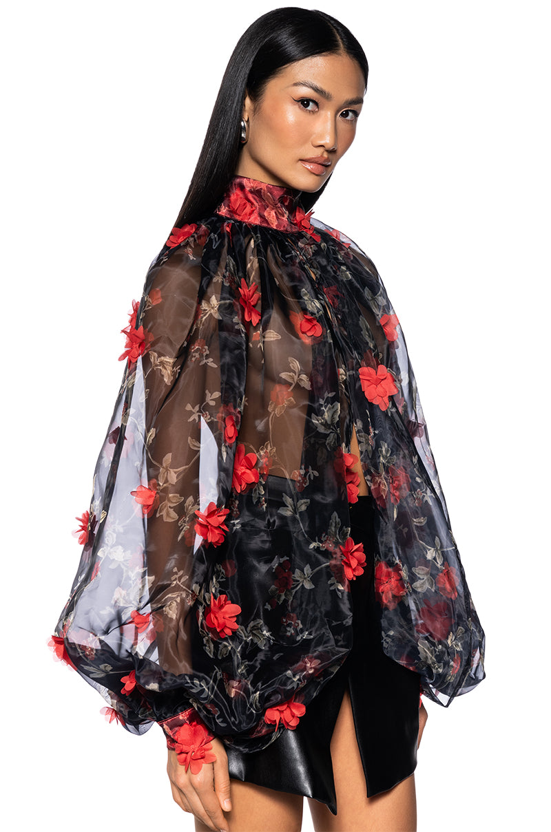 Back View Lean On Me Long Sleeve Floral Blouse In Black Red