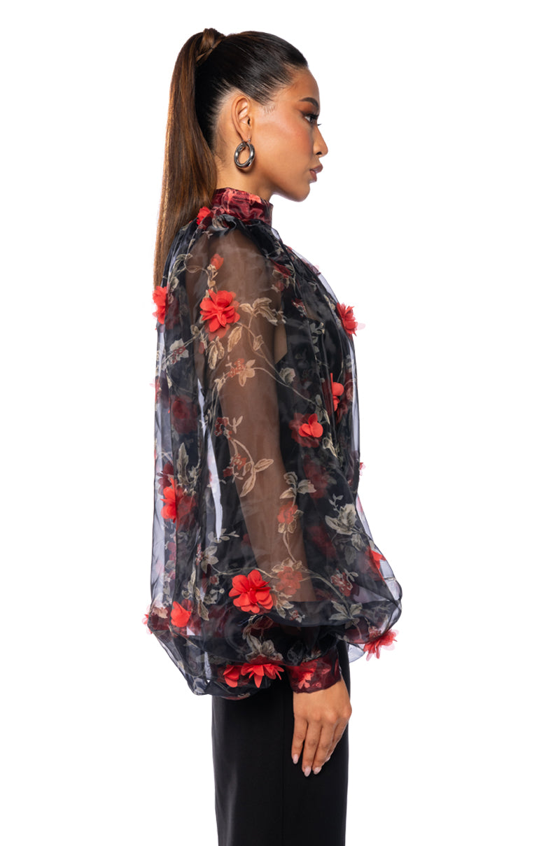 Full View Lean On Me Long Sleeve Floral Blouse In Black Red