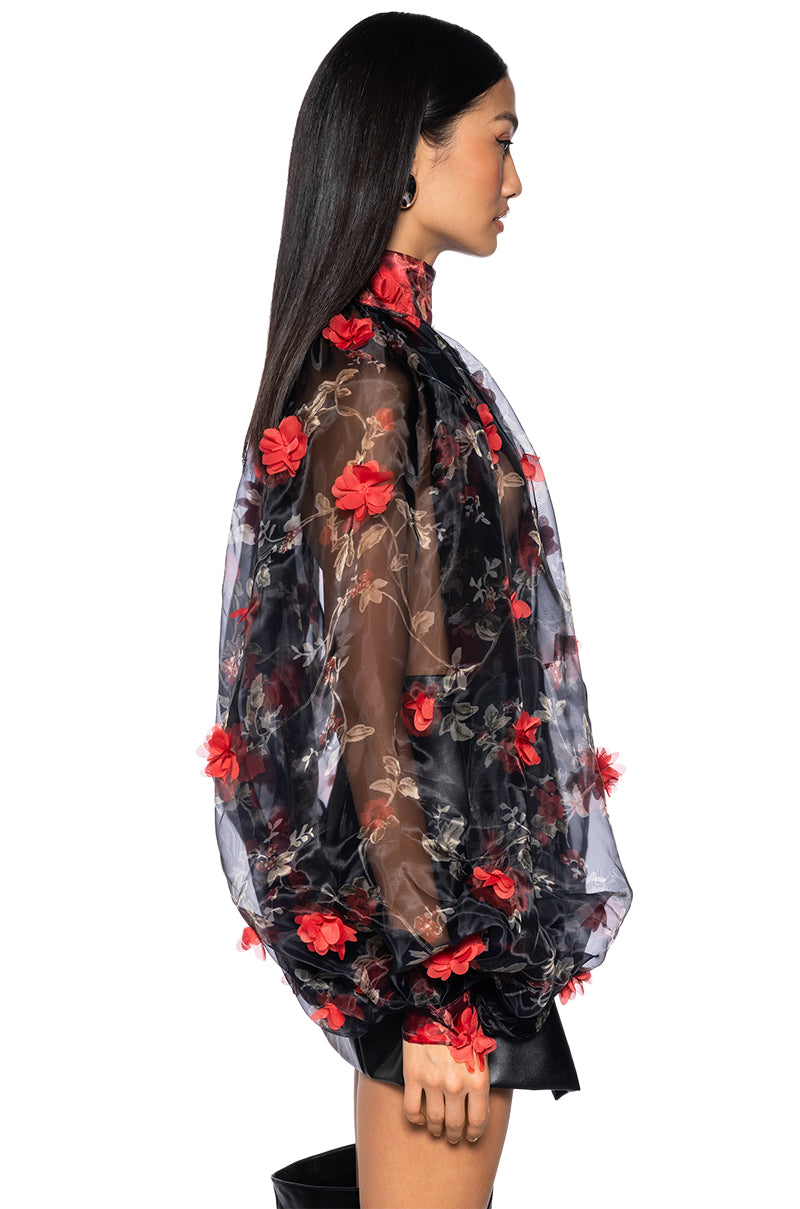 Full View Lean On Me Long Sleeve Floral Blouse In Black Red