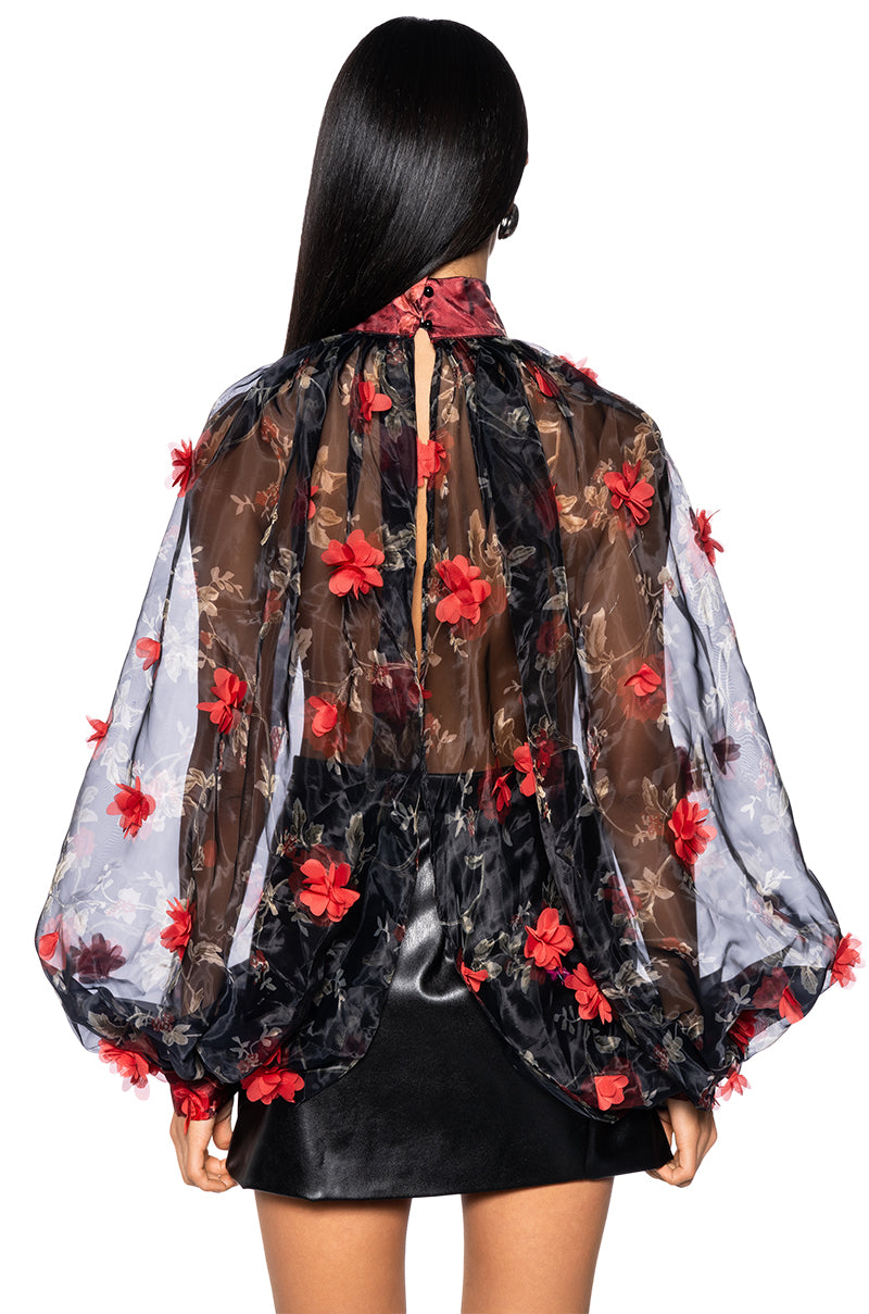 Extra View Lean On Me Long Sleeve Floral Blouse In Black Red