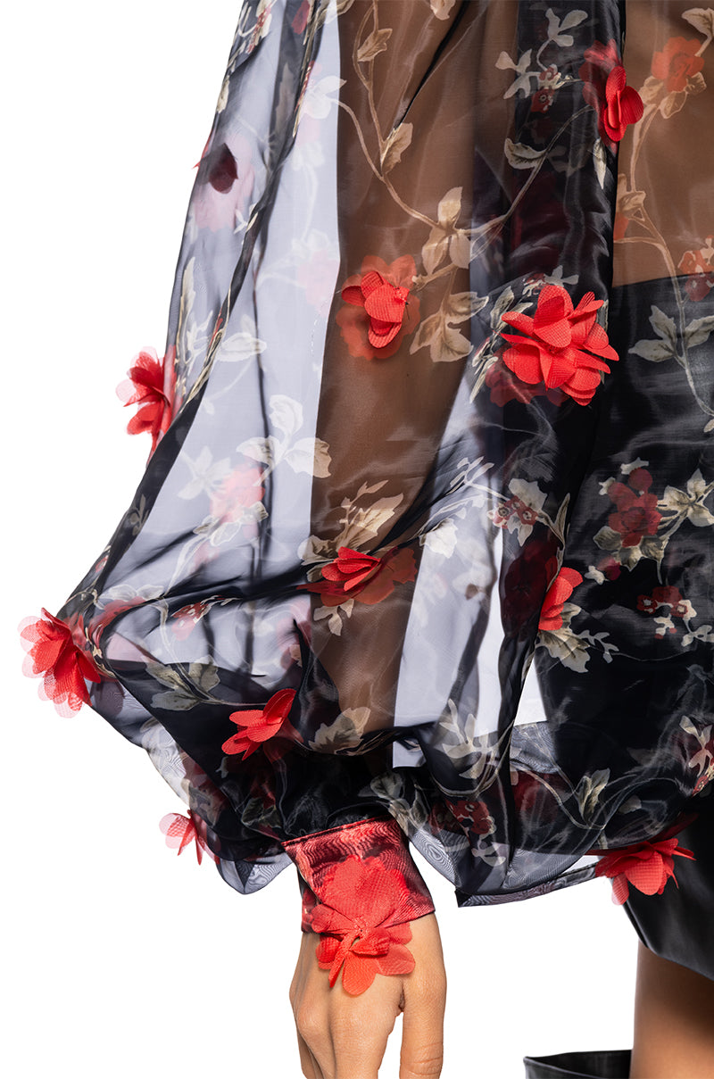 Extra View Lean On Me Long Sleeve Floral Blouse In Black Red