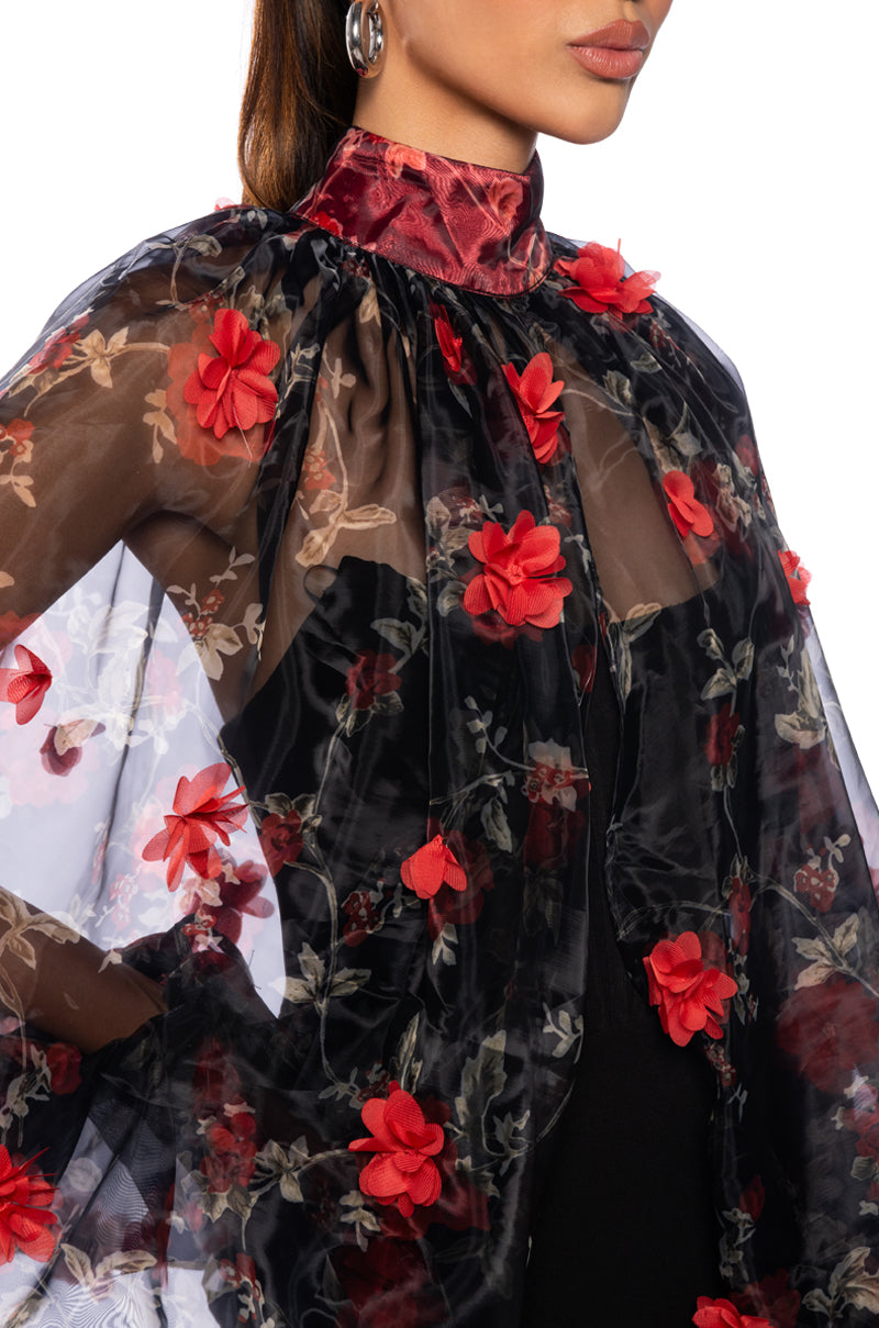 Extra View Lean On Me Long Sleeve Floral Blouse In Black Red