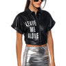 Front View Leave Me Alone Embellished Faux Leather Crop Button Down