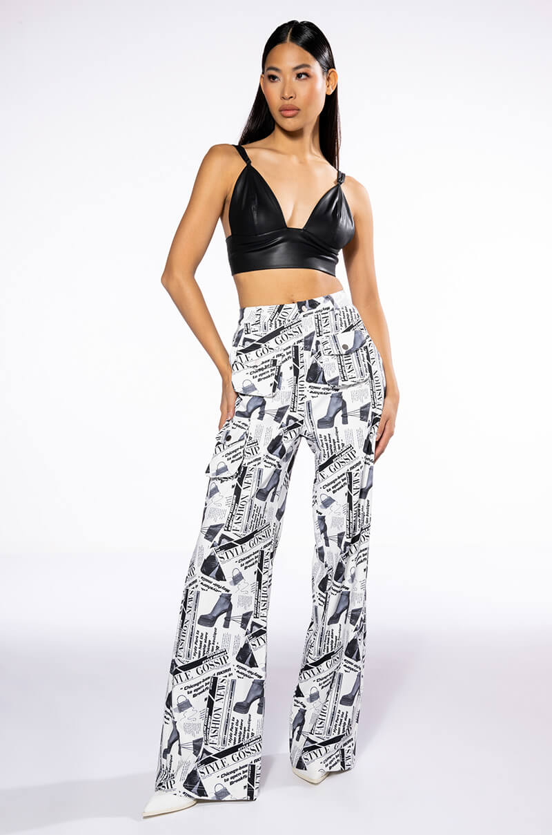 Side View Legendary Newspaper Print Wide Leg Trouser
