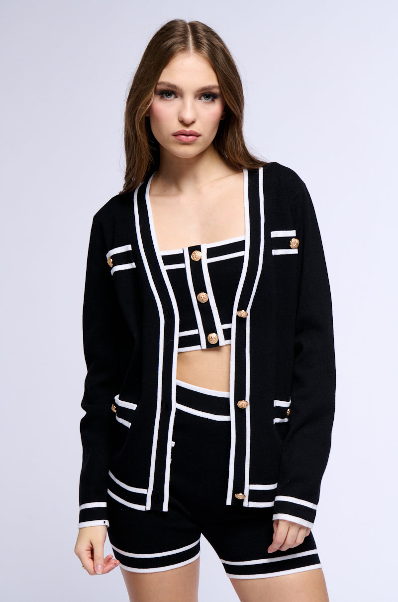 Back View Leighton Classy Sweater Knit Button Down Cardigan In Black 2