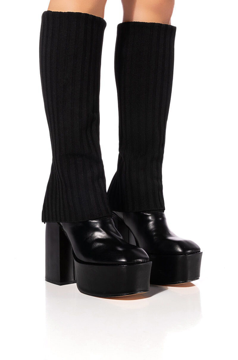 Front View Leila Knit Fold Over Chunky Boot In Black 0