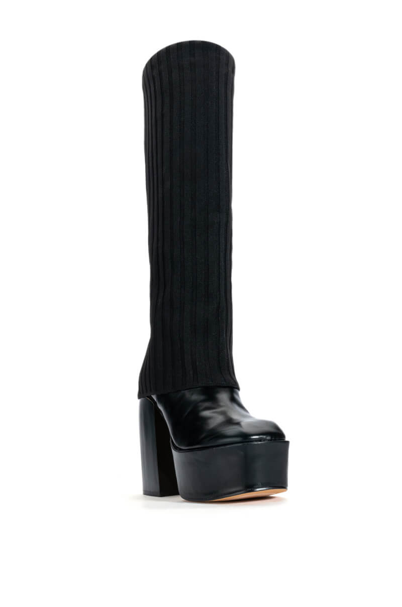 Back View Leila Knit Fold Over Chunky Boot In Black 2