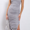 Front View Lena Ruched Mesh Midi Dress In Grey