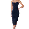 Front View Lena Ruched Mesh Midi Dress In Navy Blue