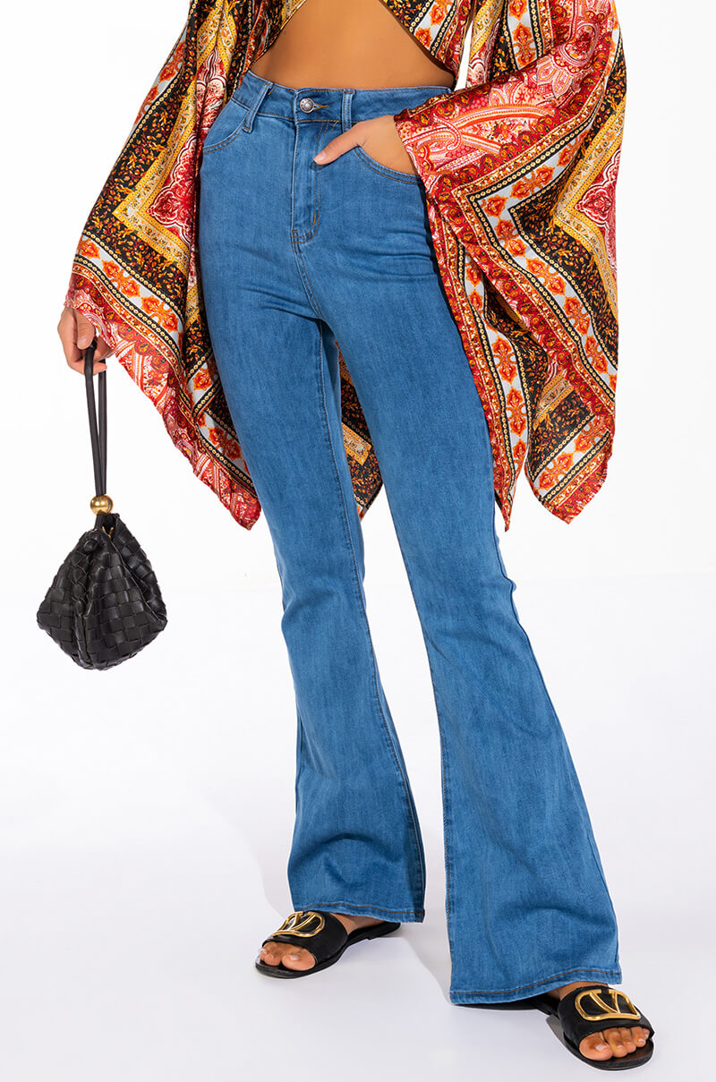Front View Lena Super High Rise Flare Denim Pants