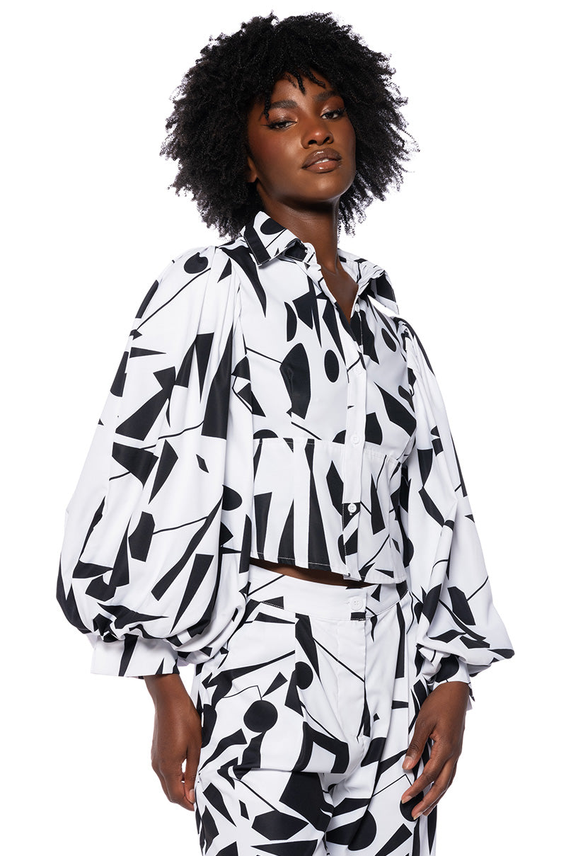 Side View Lennon Printed Puff Sleeve Open Back Button Down Blouse