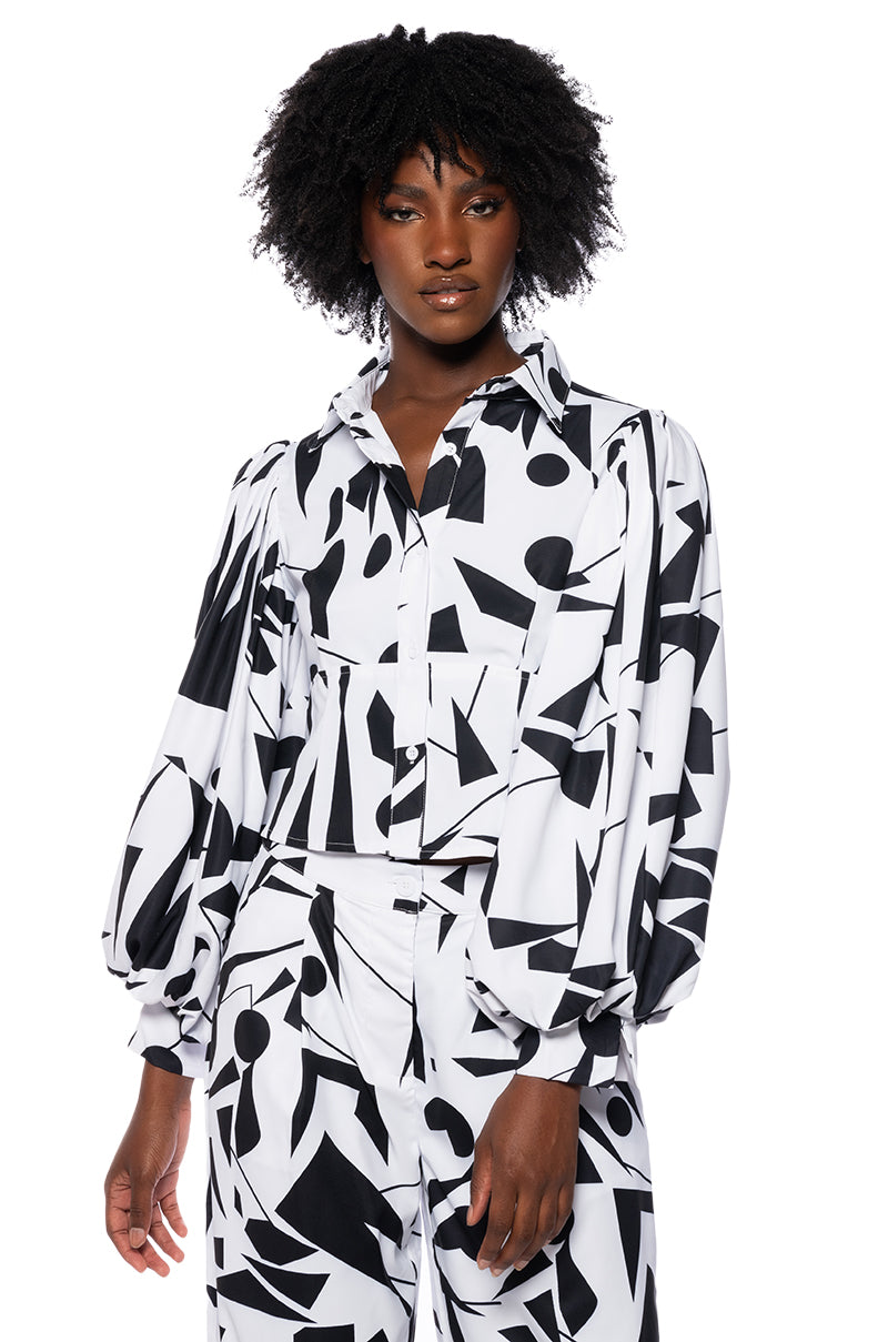 Back View Lennon Printed Puff Sleeve Open Back Button Down Blouse