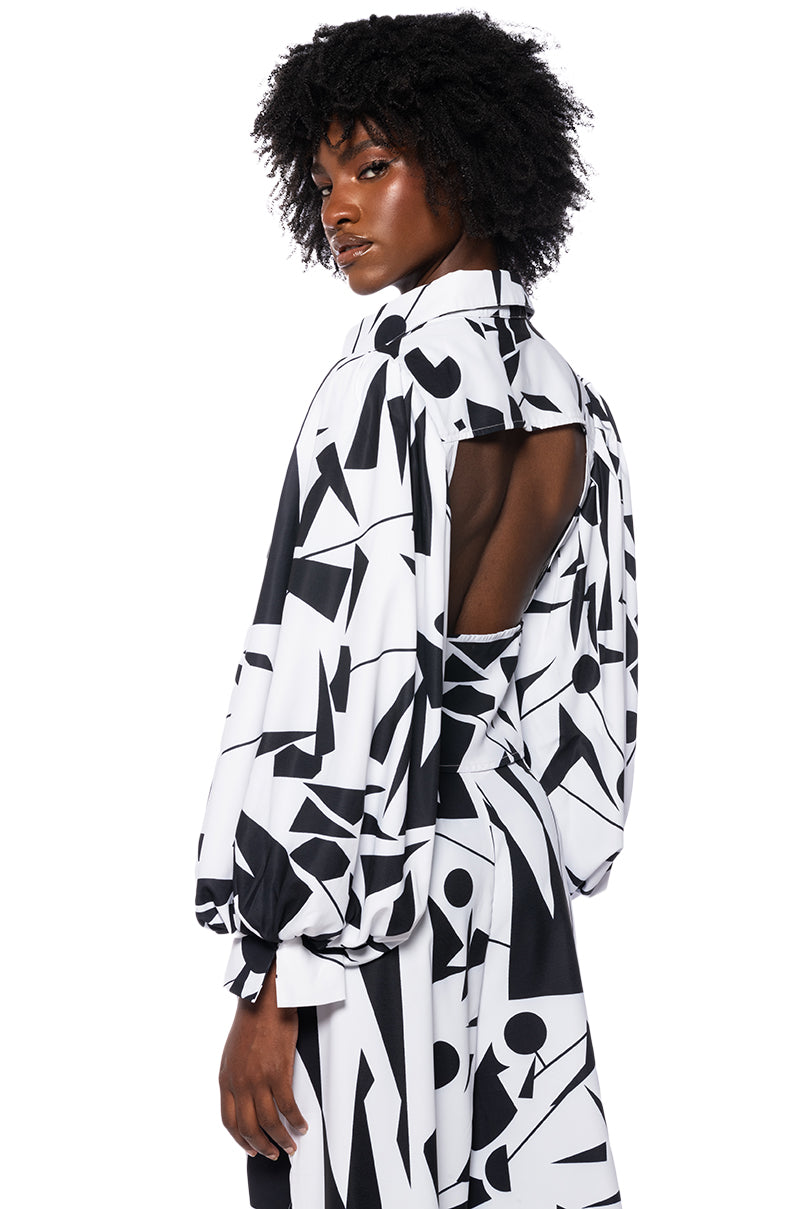 Full View Lennon Printed Puff Sleeve Open Back Button Down Blouse