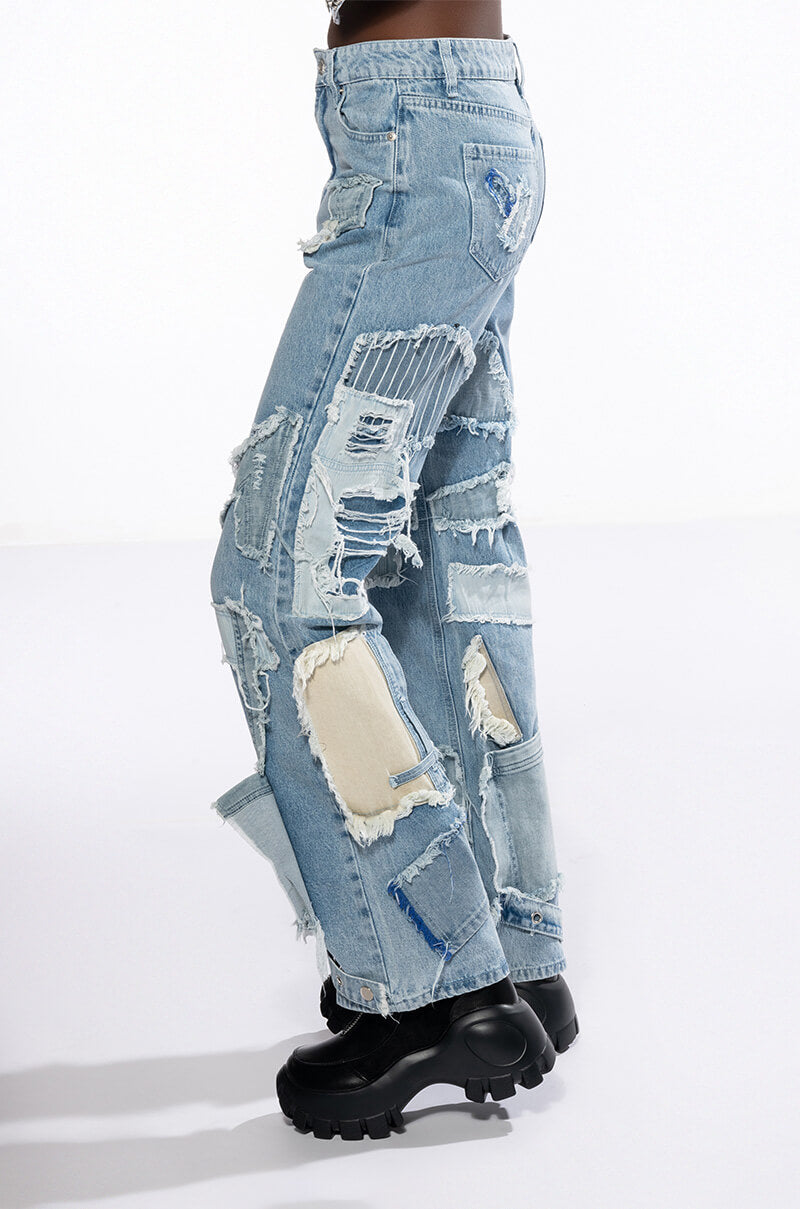 Full View Leon Patchwork High Rise Straight Leg Jeans