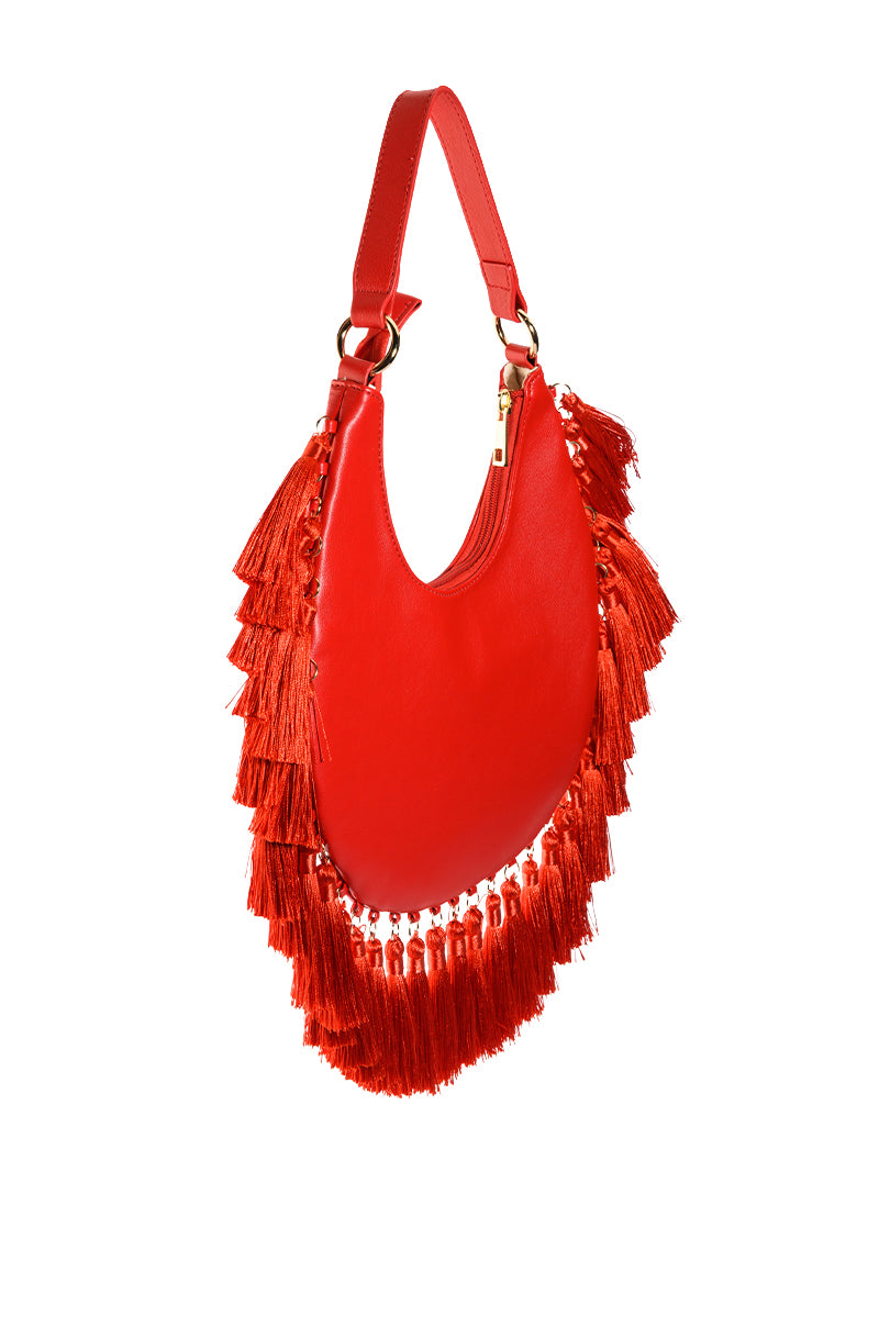 Back View Leona Tassel Shoulder Bag In Red
