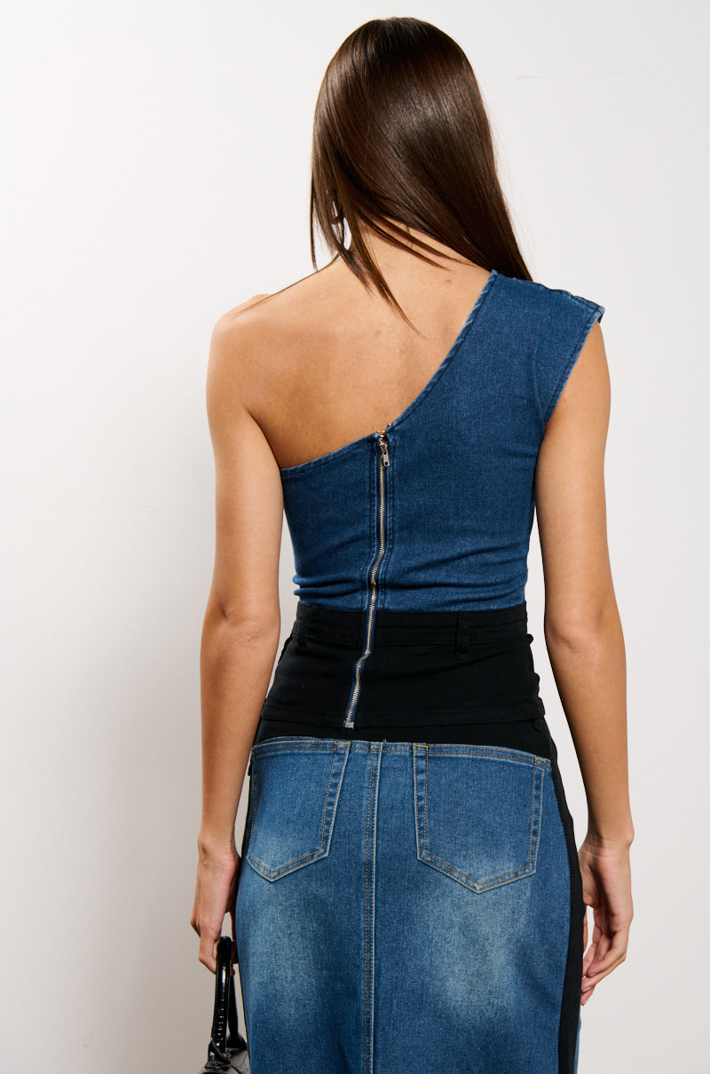 Extra View Let It Happen Denim One Shoulder Top