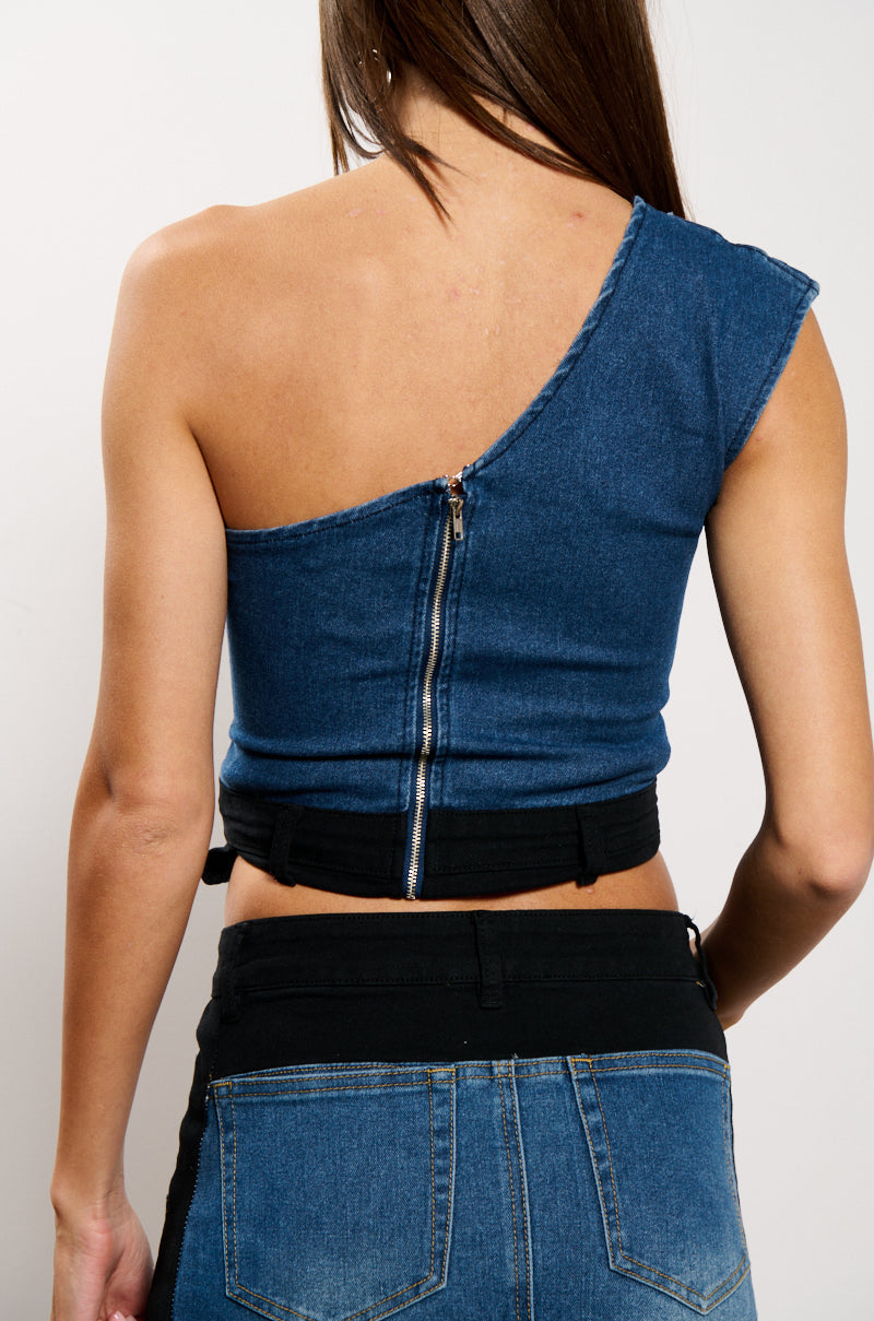 Extra View Let It Happen Denim One Shoulder Top