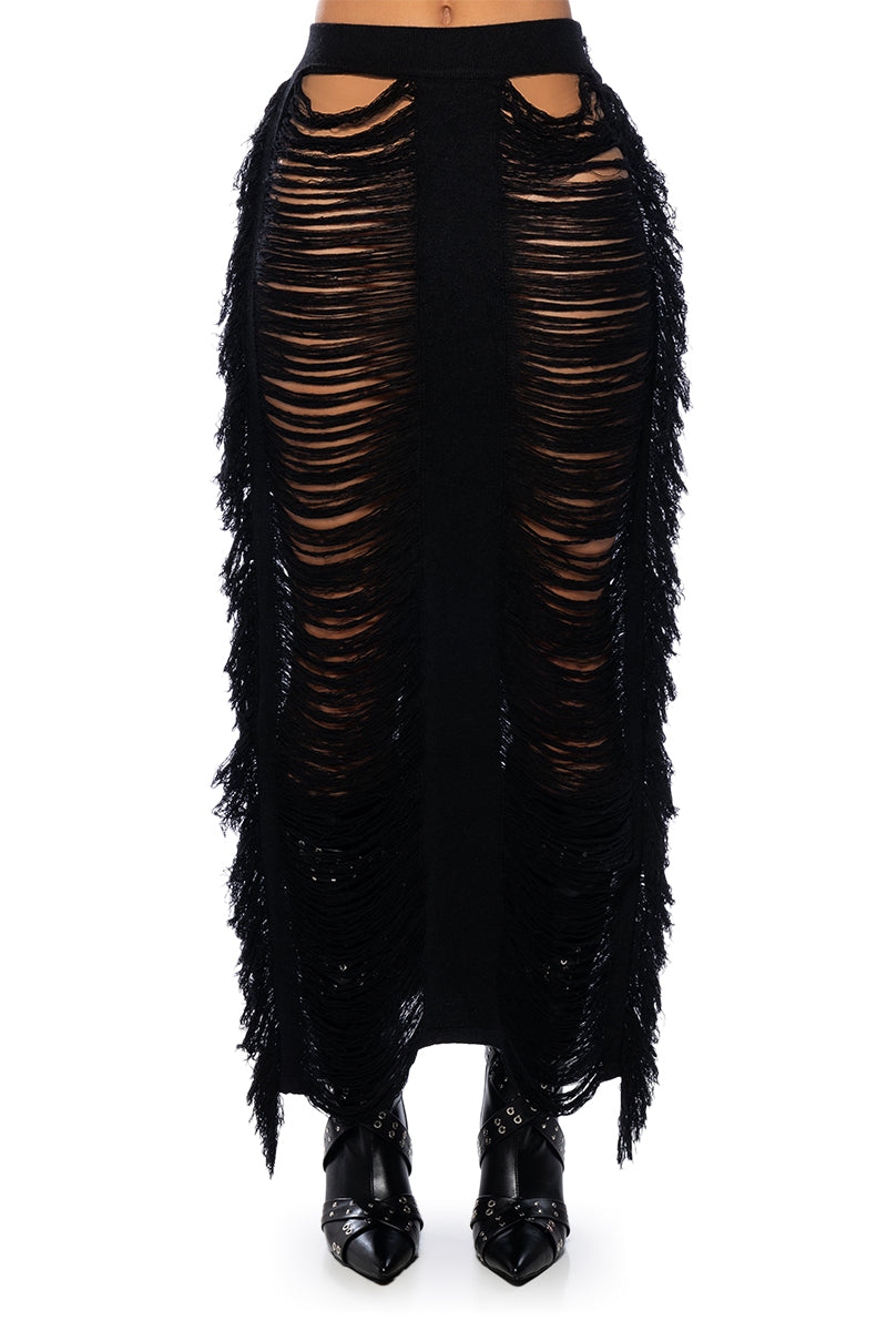 Extra View Let The Light In Distressed Fringe Two Piece Maxi Skirt Set