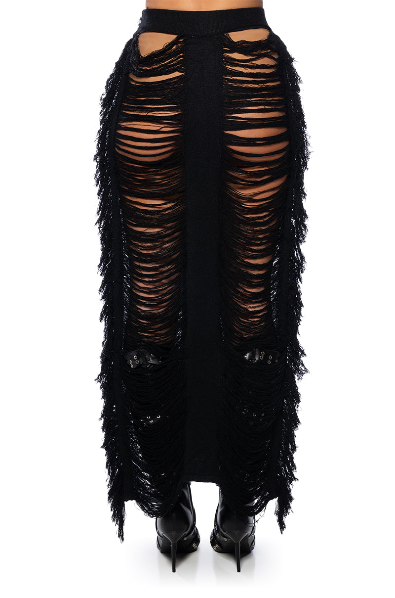 Extra View Let The Light In Distressed Fringe Two Piece Maxi Skirt Set