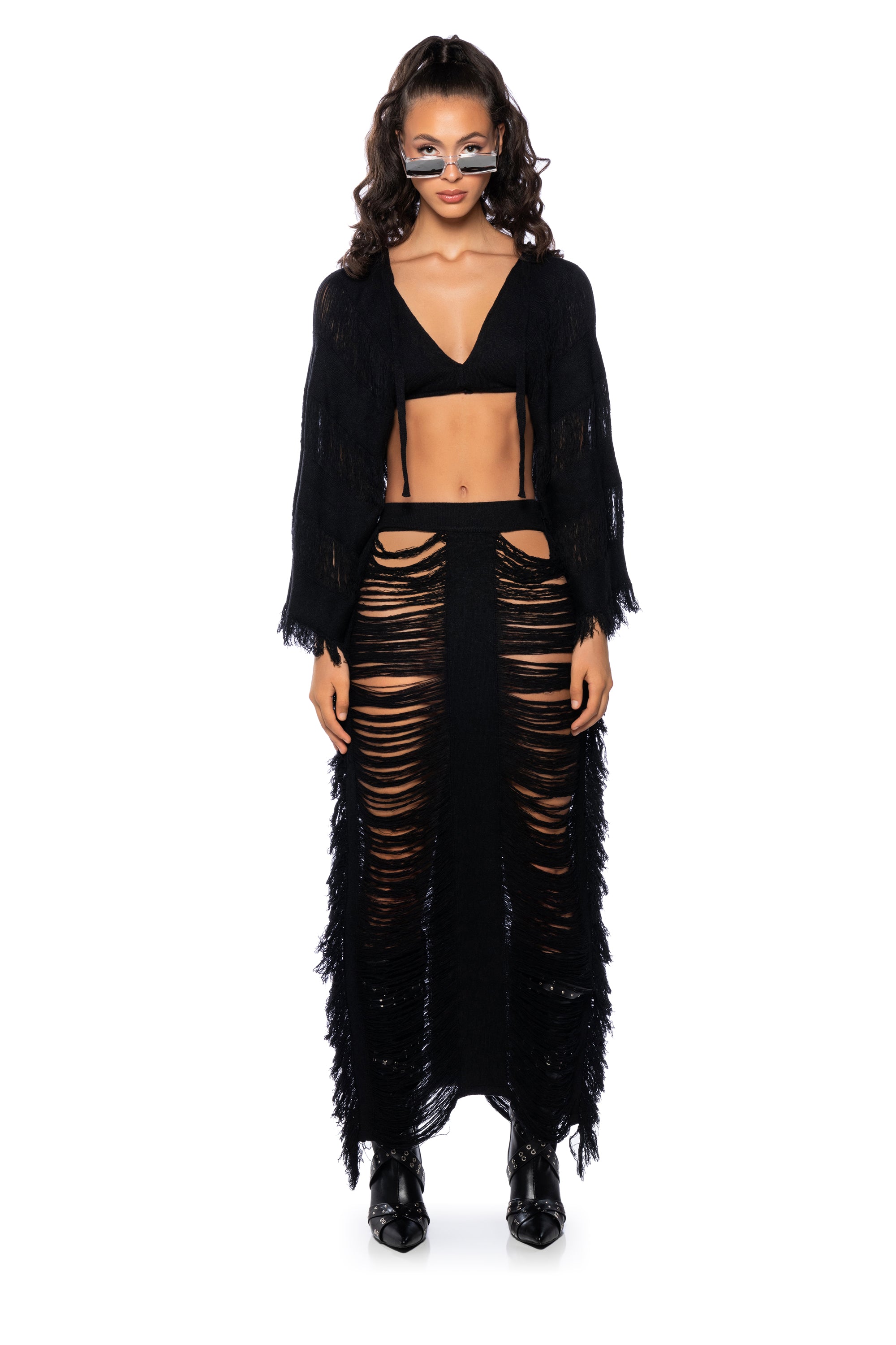 Extra View Let The Light In Distressed Fringe Two Piece Maxi Skirt Set