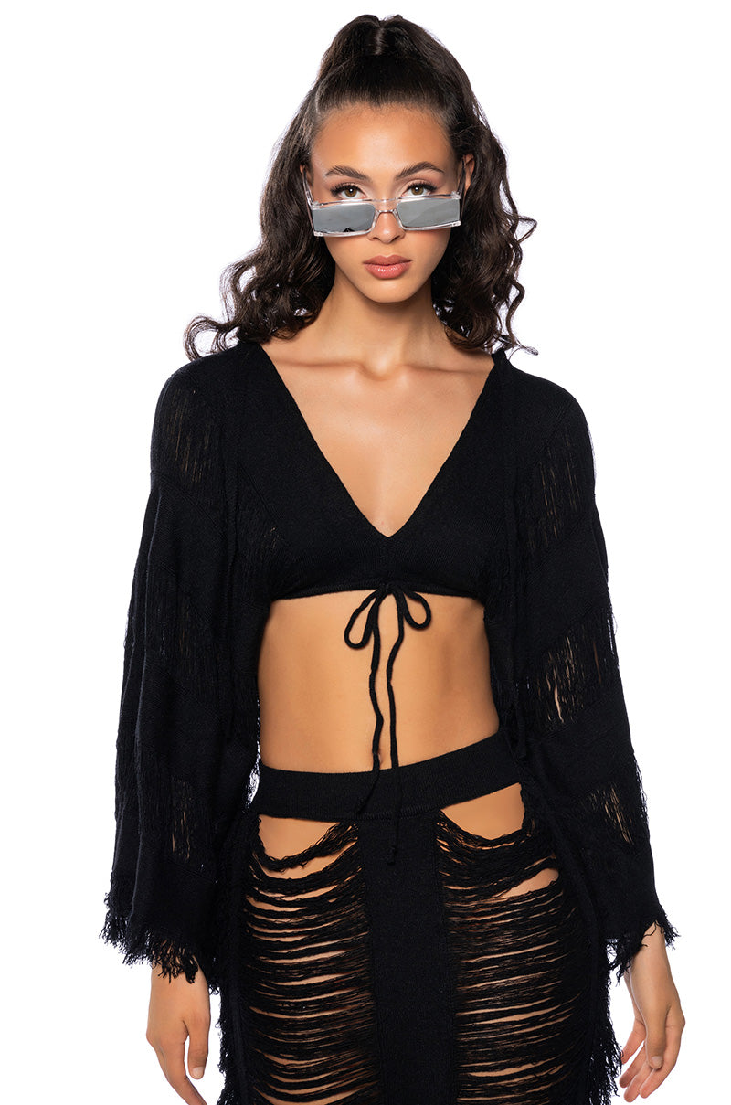Side View Let The Light In Distressed Fringe Two Piece Maxi Skirt Set