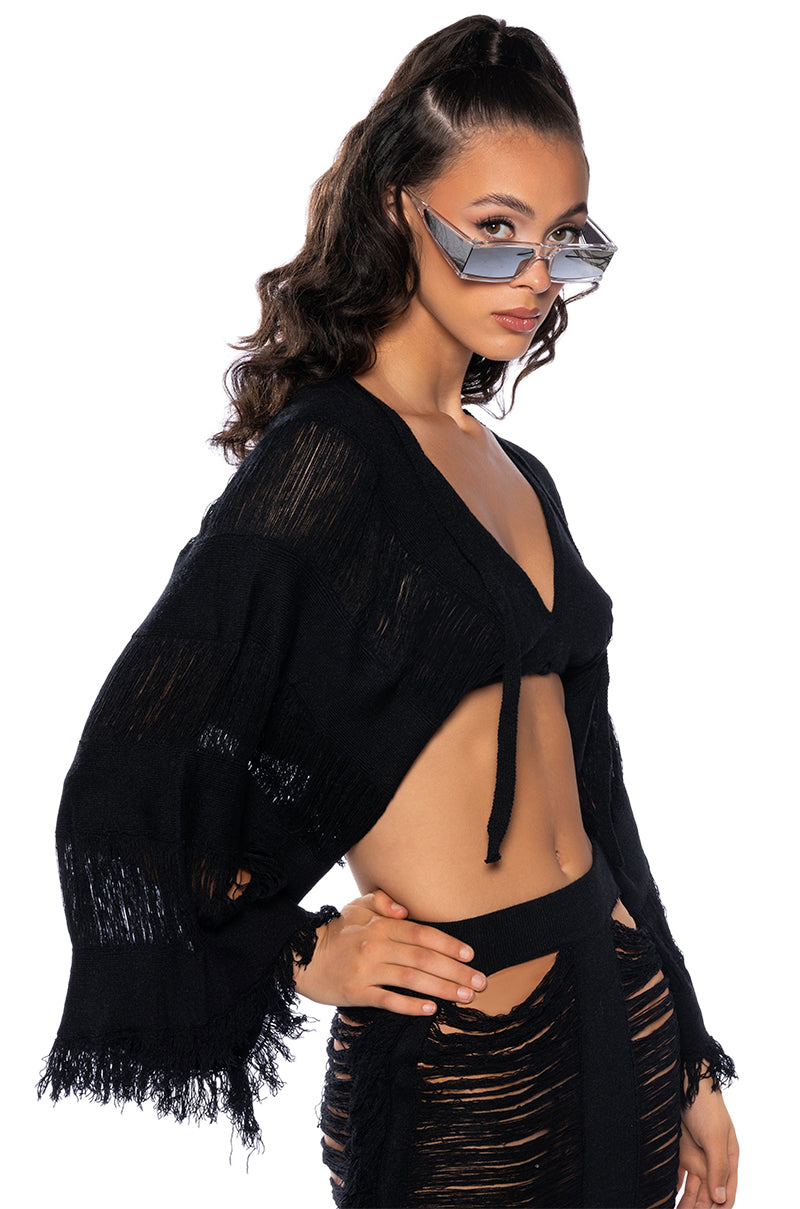 Back View Let The Light In Distressed Fringe Two Piece Maxi Skirt Set