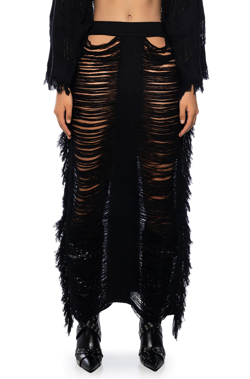 Detail View Let The Light In Distressed Fringe Two Piece Maxi Skirt Set
