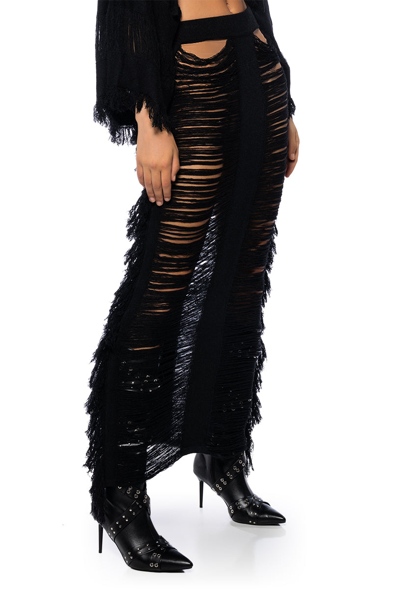 Full View Let The Light In Distressed Fringe Two Piece Maxi Skirt Set