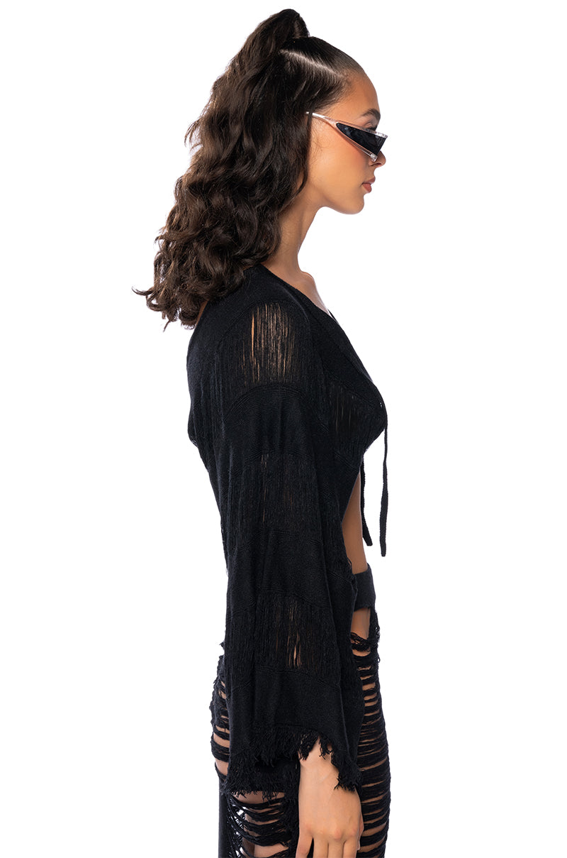 Extra View Let The Light In Distressed Fringe Two Piece Maxi Skirt Set
