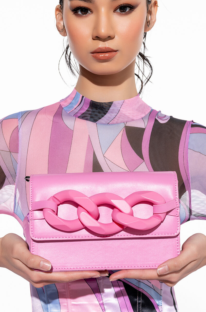 Front View Let You Go Pink Chain Purse