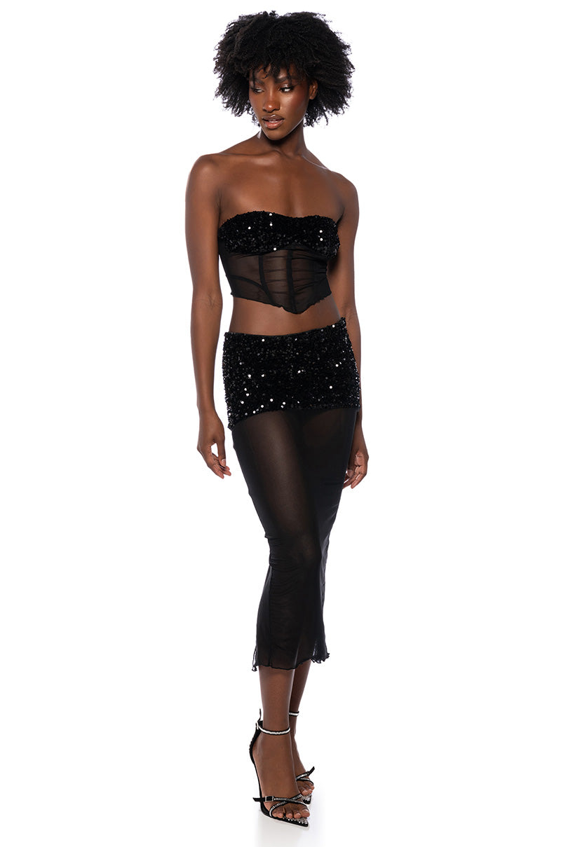 LETS GO OUT SHEER SPARKLE CORSET TOP AND MIDI SKIRT SET view 0