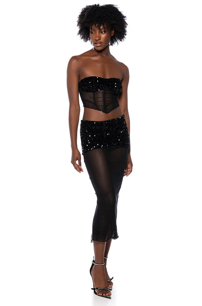 LETS GO OUT SHEER SPARKLE CORSET TOP AND MIDI SKIRT SET – AKIRA