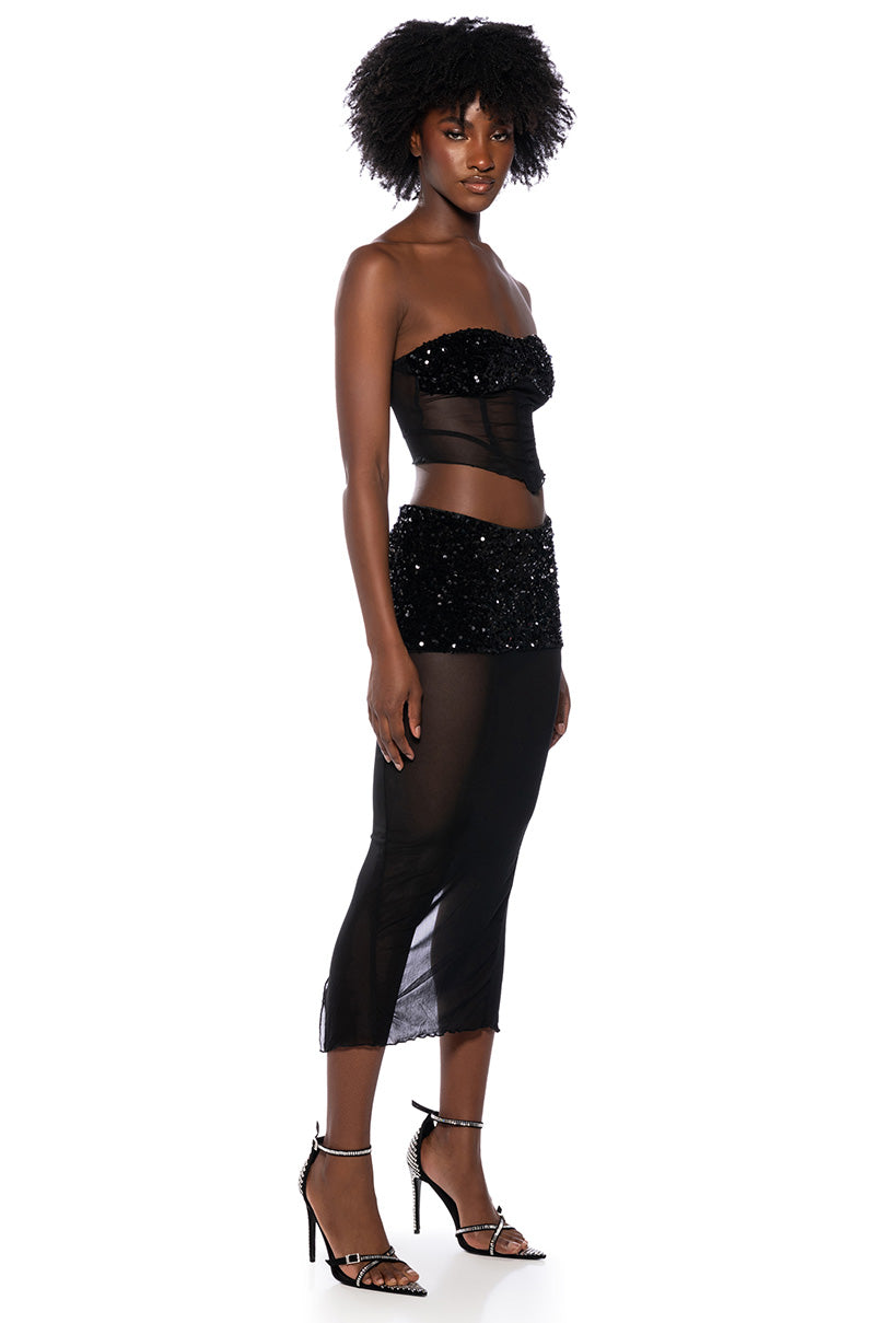Side View Lets Go Out Sheer Sparkle Strapless Top And Midi Skirt Set
