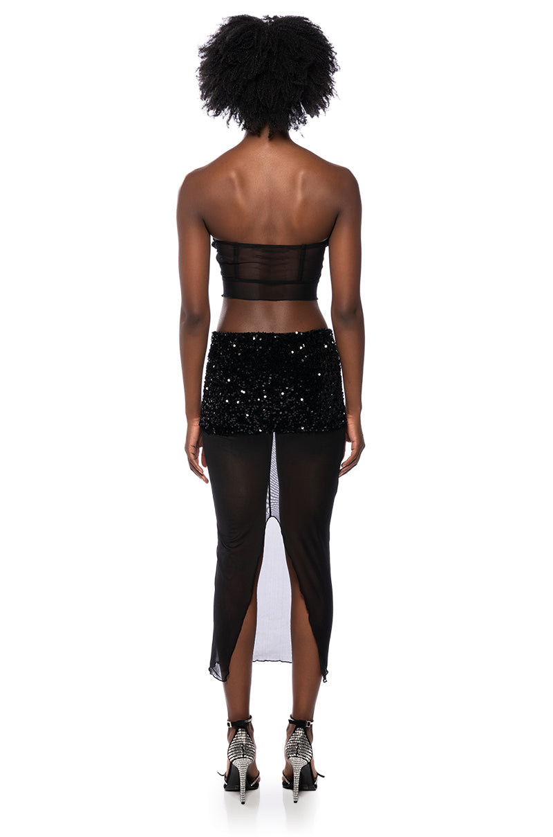 Detail View Lets Go Out Sheer Sparkle Strapless Top And Midi Skirt Set